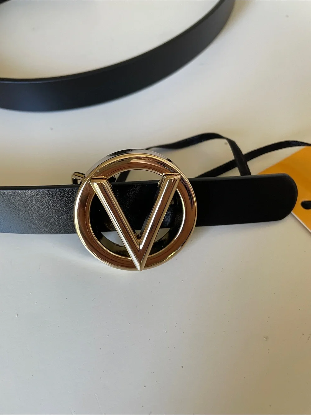 Valentino By Mario Black Leather Belt with Gold V Buckle